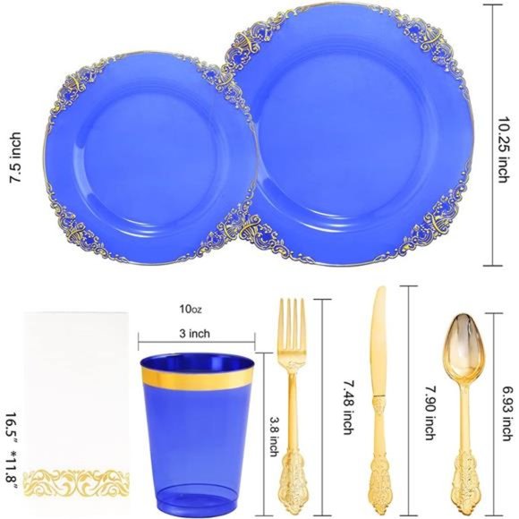 175PCS Clear BlueGold Plastic PlatesSet Include 25Dinner Plates,25Dessert Plates - Picture 2 of 7